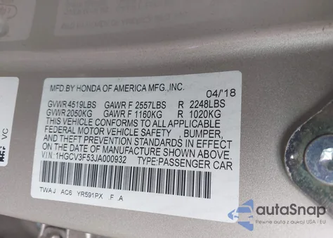 2018 Honda Accord Hybrid Ex-L from USA, damaged, VIN 1HGCV3F53JA000932